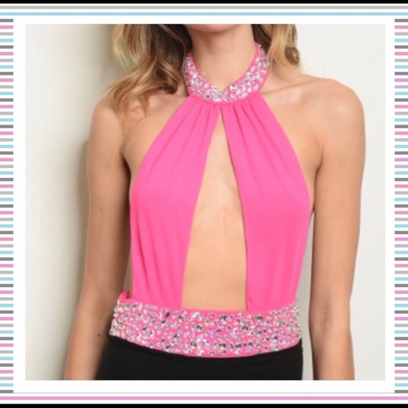 LARGE - FUCHSIA WITH STONES SEXY BODYSUIT - Picture 5 of 5